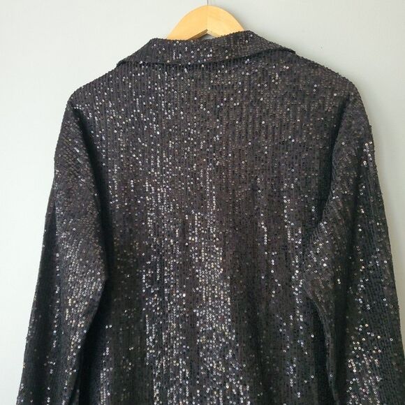 Black Sequin Long Sleeve Button UpV Neck Dress Blouse Womens Large - Picture 6 of 8